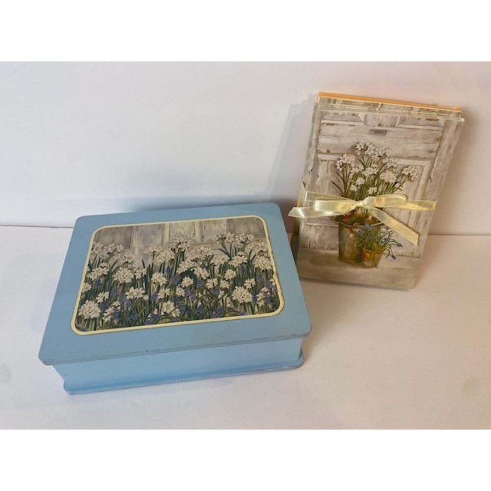 Blue Floral Wooden Keepsake Box with Stationery Set Kathryn White 2003